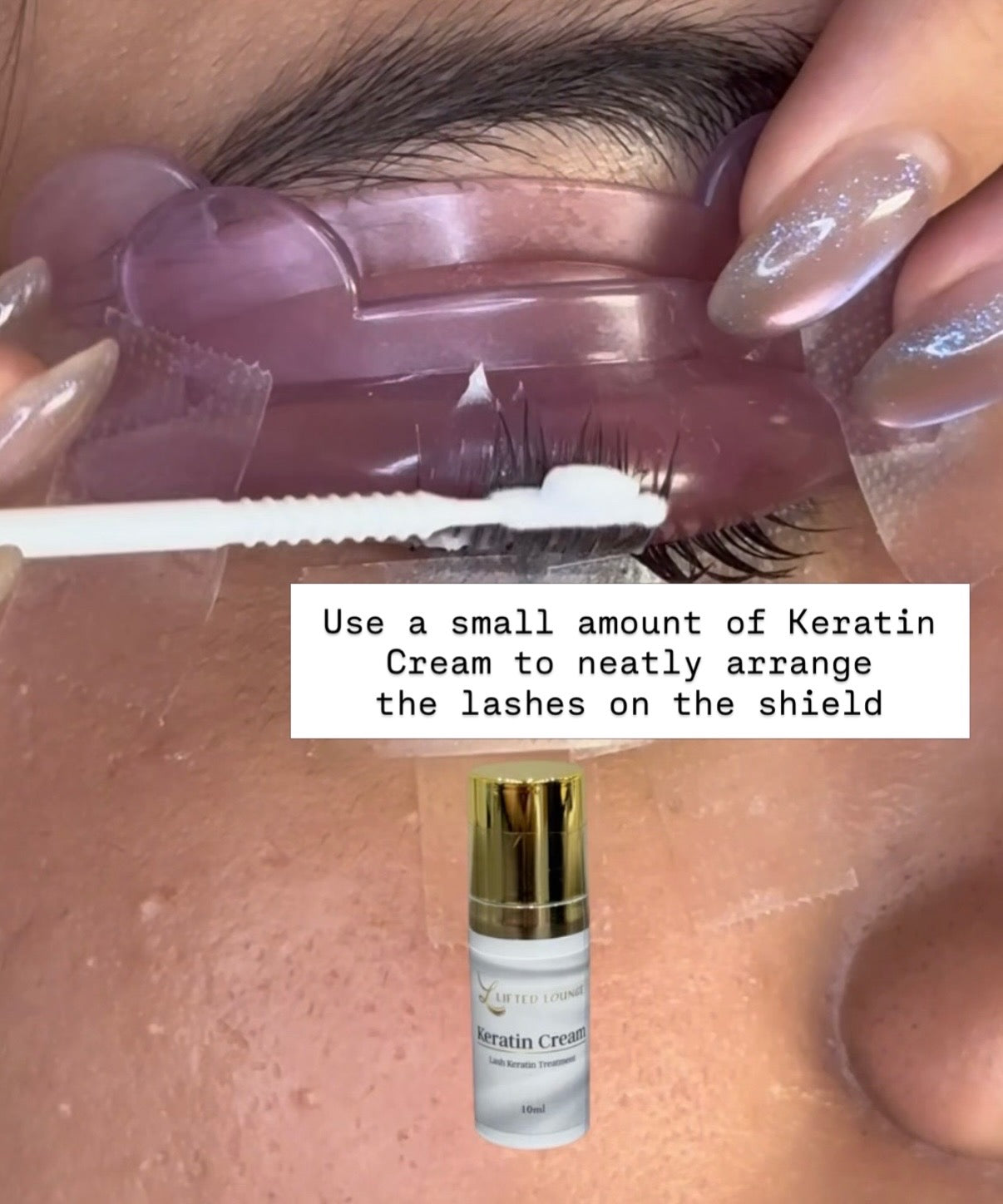 Korean lash lift – applying Lifted Lounge Keratin Cream to neatly arrange lashes on the shield after lash lift treatment