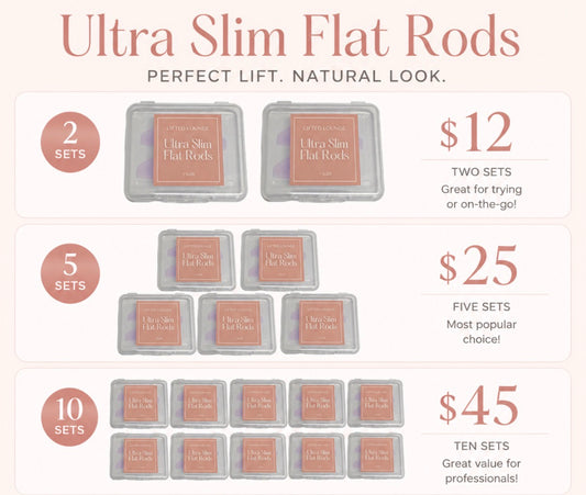 Ultra Slim Flat Rods bundle pricing chart — 2, 5, and 10 set options for Korean lash lift by Lifted Lounge
