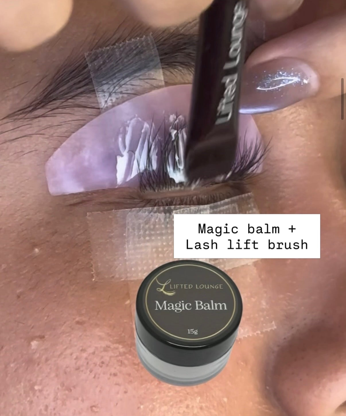 Korean lash lift – applying Lifted Lounge Magic Balm onto lashes using Lash Lift Brush for no-glue lash lift technique