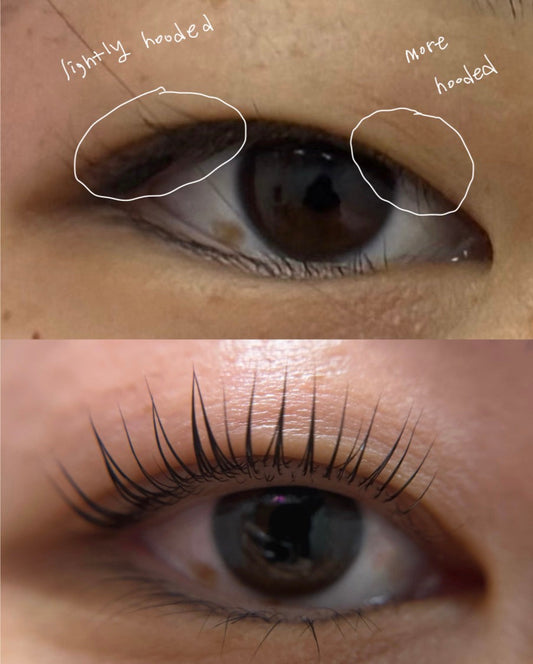 Side-by-side comparison of lightly hooded and more hooded eyes with lash lift shield placement guide for the opposite direction technique