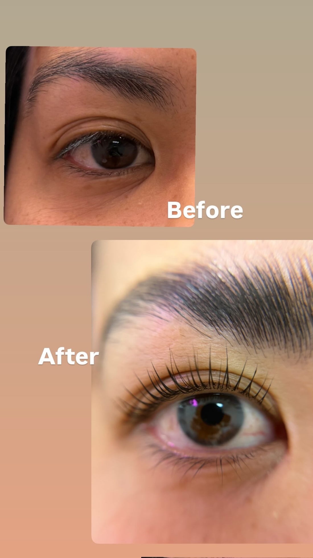 Before and after Korean lash lift results showing lash direction correction — natural eye with downward lashes vs lifted, curled lashes after treatment