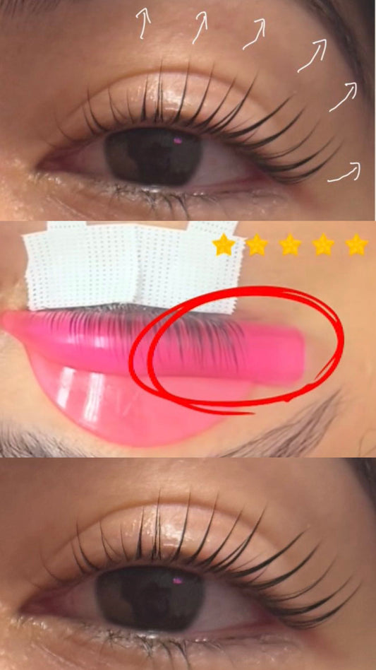 Step-by-step visual guide showing how to create a cat-eye shape with a Korean lash lift, including upward lash direction arrows, cat-eye shield placement, and the final dramatic outer-corner lifted lash result.
