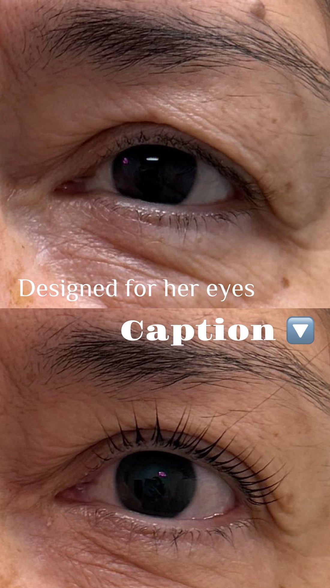 Before and after lash lift on mature eyelids — top shows natural flat lashes on aging eyes, bottom shows beautifully lifted and curled lashes after treatment