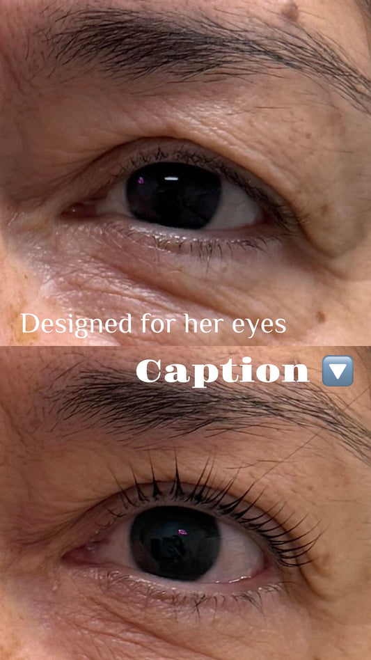 Before and after lash lift on mature eyelids — top shows natural flat lashes on aging eyes, bottom shows beautifully lifted and curled lashes after treatment
