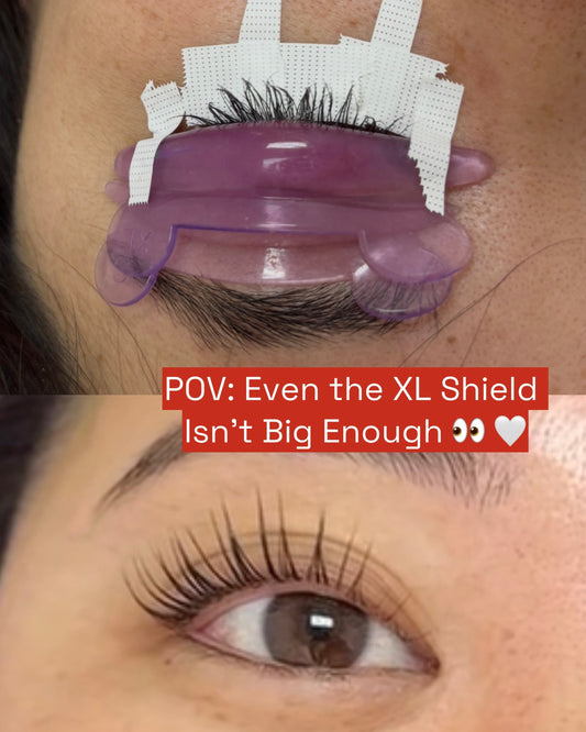 Two lash lift shields stacked together on a client with long lashes to create a thicker shield and prevent over-curling