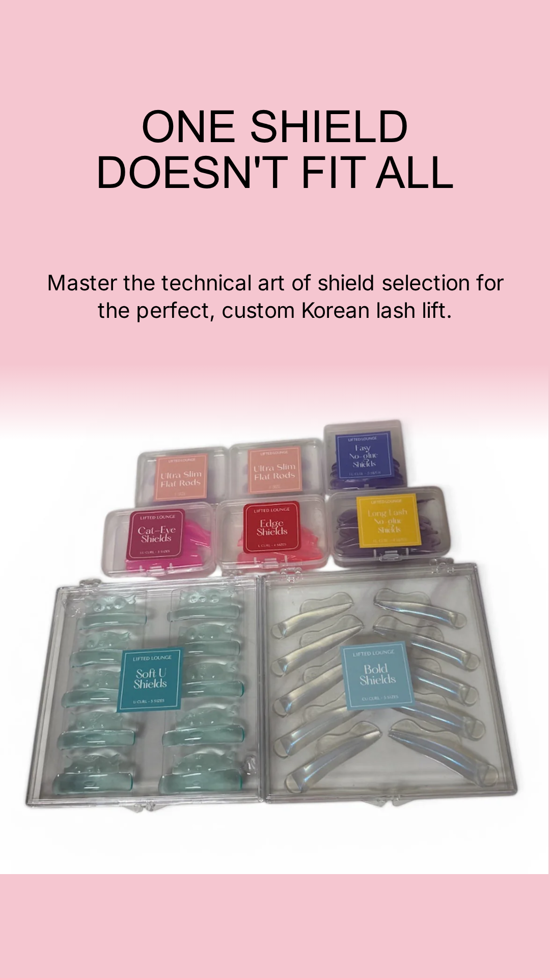 Lifted Lounge Korean lash lift shield collection in carrying case showing every shield size and shape for custom shield selection
