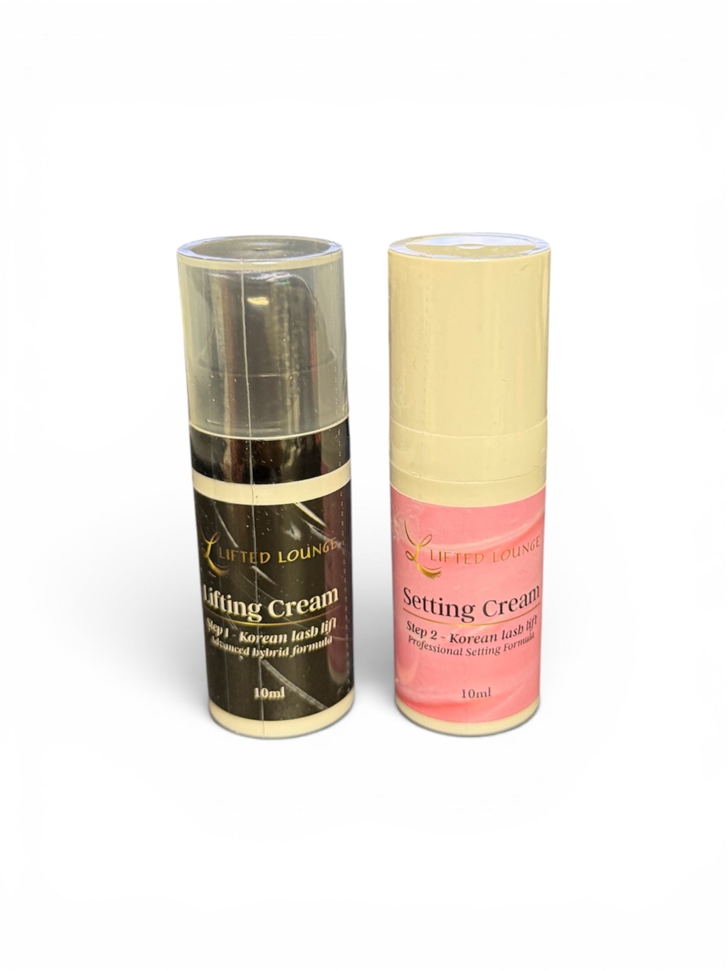 Lifted Lounge Perm Solution – Step 1 Lifting Cream and Step 2 Setting Cream hybrid formula airless bottle set for Korean lash lift