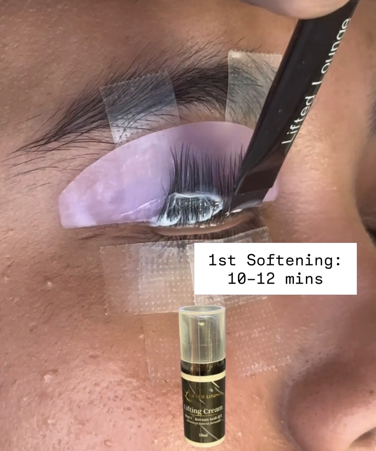 Korean lash lift 1st Softening step – Lifted Lounge Perm Solution Step 1 applied on lashes, 10-12 mins processing time