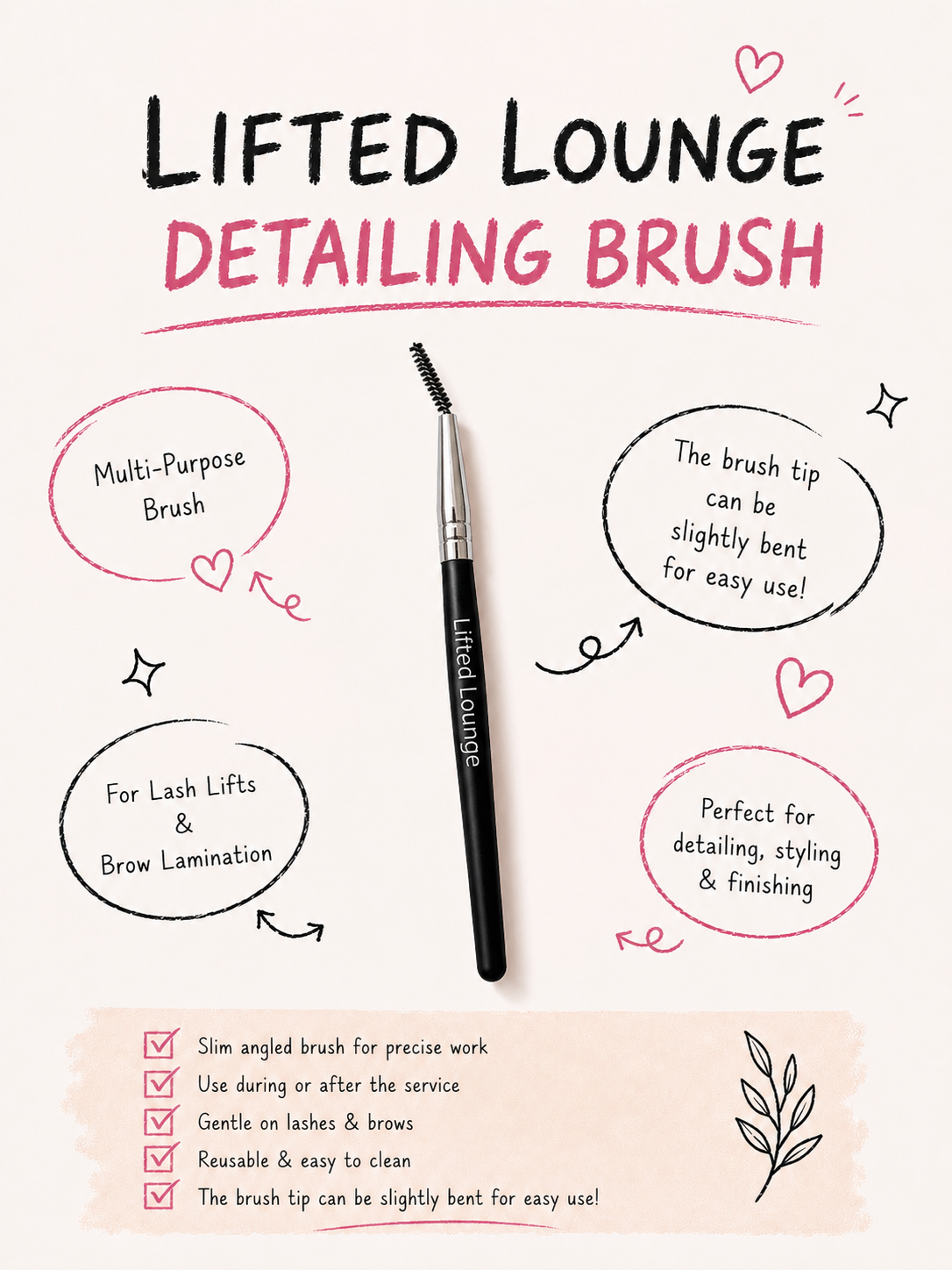 Lifted Lounge Detailing Brush feature infographic showing multi-purpose brush for lash lifts and brow lamination with slim angled tip and bendable design