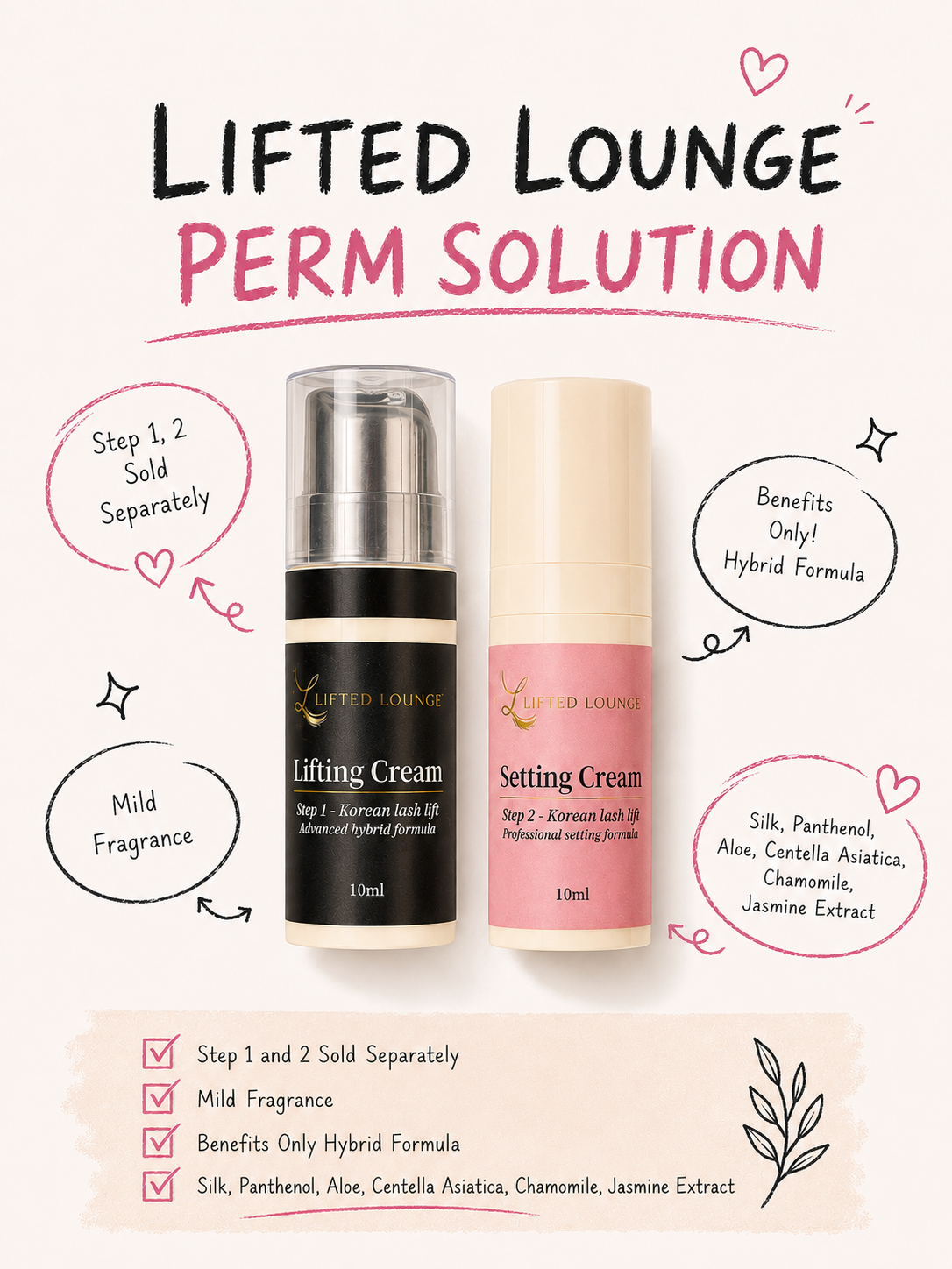 Lifted Lounge perm solution packaging with cream bottles on a white background