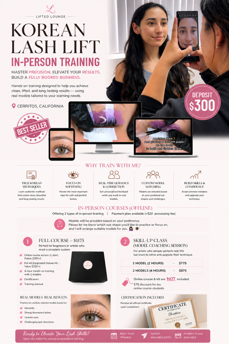 Korean lash lift in-person one day training class deposit